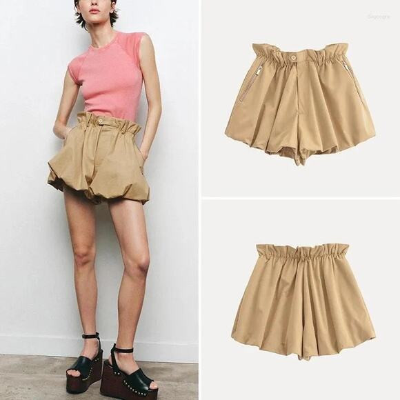 Zara Khaki Tan Bubble Hem Balloon High Rise Zip Pocket Shorts Size Small | Poshmark