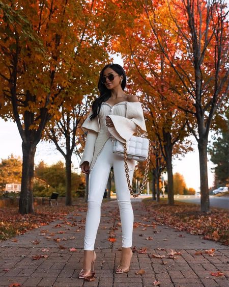 Fall date night outfit from Revolve
House of Harlow off the shoulder top wearing an XS
Commando patent leather white leggings wearing an XS
Gianvito Rossi Bree heels run TTS
Bottega Veneta the chain bag
Amazon earrings 

#LTKfindsunder100 #LTKstyletip #LTKHoliday