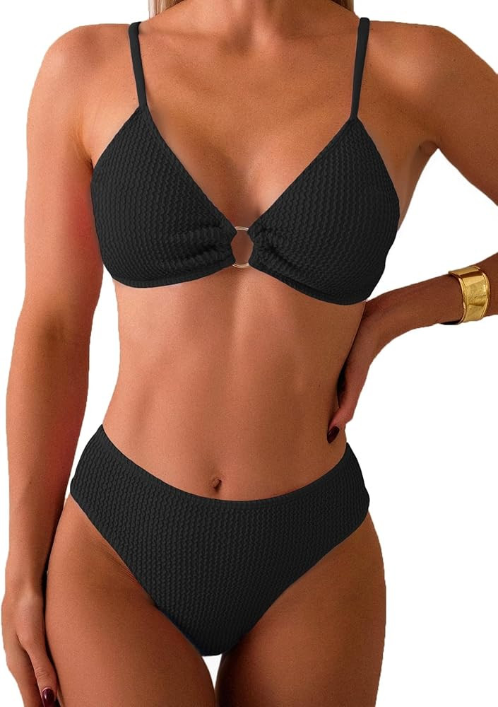 Women's Ribbed Triangle Bikini Sets O Ring Linked Two Piece Swimsuit Textured Cheeky Swim Bathing... | Amazon (US)