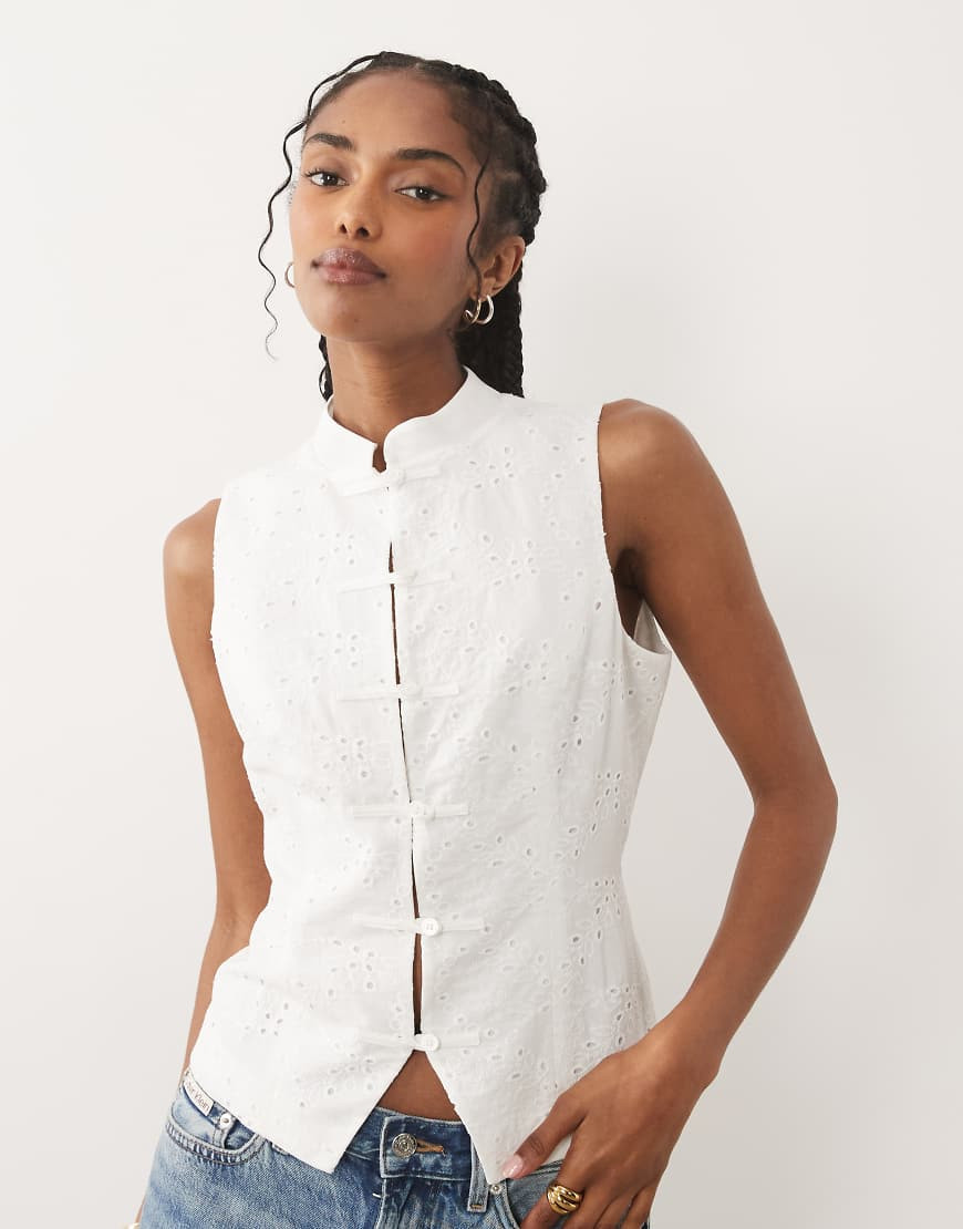 ASOS DESIGN broderie mandarin collar tank top in ivory-White | ASOS (Global)