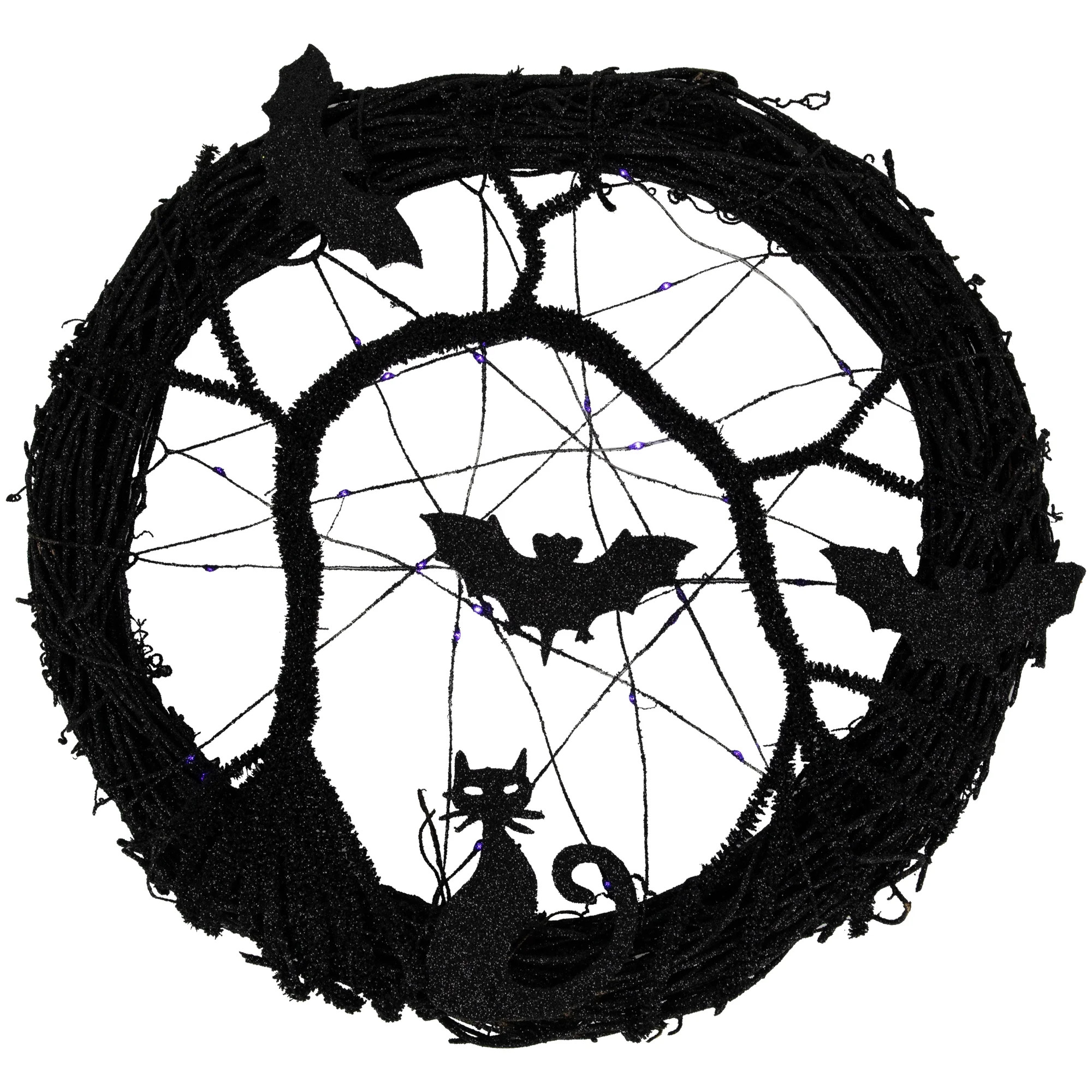 Northlight LED Lighted Black Twig Halloween Wreath with Bats, 13-Inch, Purple Lights | Walmart (US)