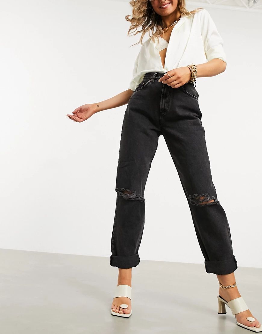 ASOS DESIGN high rise 'slouchy' mom jeans in washed black with rips | ASOS (Global)