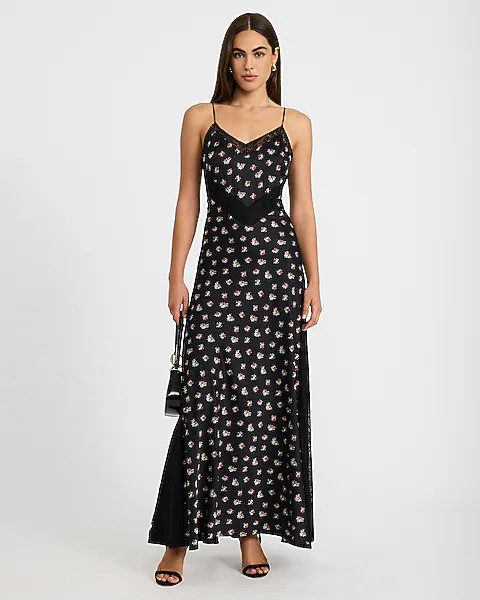 Satin Floral Lace Pieced V-Neck Maxi Sheath Dress | Express