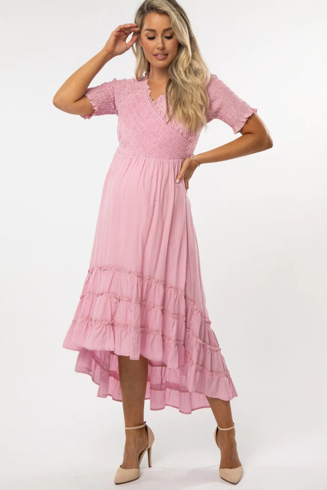 Pink Smocked Ruffle Hi-Lo Maternity Midi Dress | PinkBlush Maternity