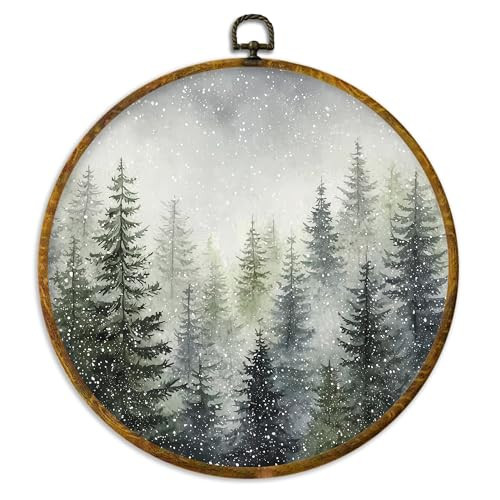 XPH Rustic Christmas Forest Tree Round Wall Art Framed, Farmhouse Winter Pine Tree Landscape Circle Wall Decor, Cozy Winter Hanging Canvas Prints for Home Bedroom Living Room Decoration, 10x10 Inch | Amazon (US)