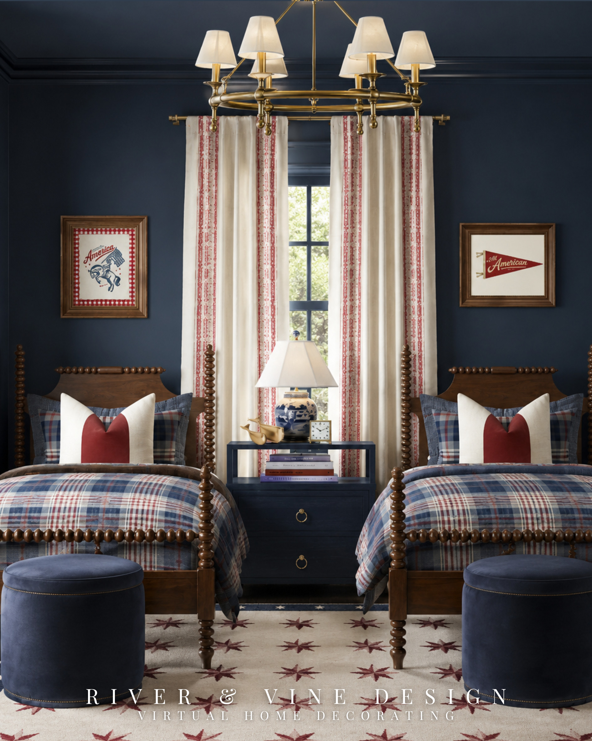 A kids room with a little Fourth of July spirit, but make it classic. 🇺🇸 I love how vintage Americana can feel playful without going theme-y — navy walls, plaid bedding, spindle beds, red accents, brass lighting, and that star rug make the whole space feel collected and timeless.

Perfect inspiration for a boys room, shared kids bedroom, lake house bunk room, patriotic bedroom, or anyone who loves that Ralph Lauren meets vintage summer camp feel.

Save this one for classic kids room ideas, twin bedroom inspiration, and vintage Americana decor.

I may receive a commission through links in this post. 

 #LTKHome