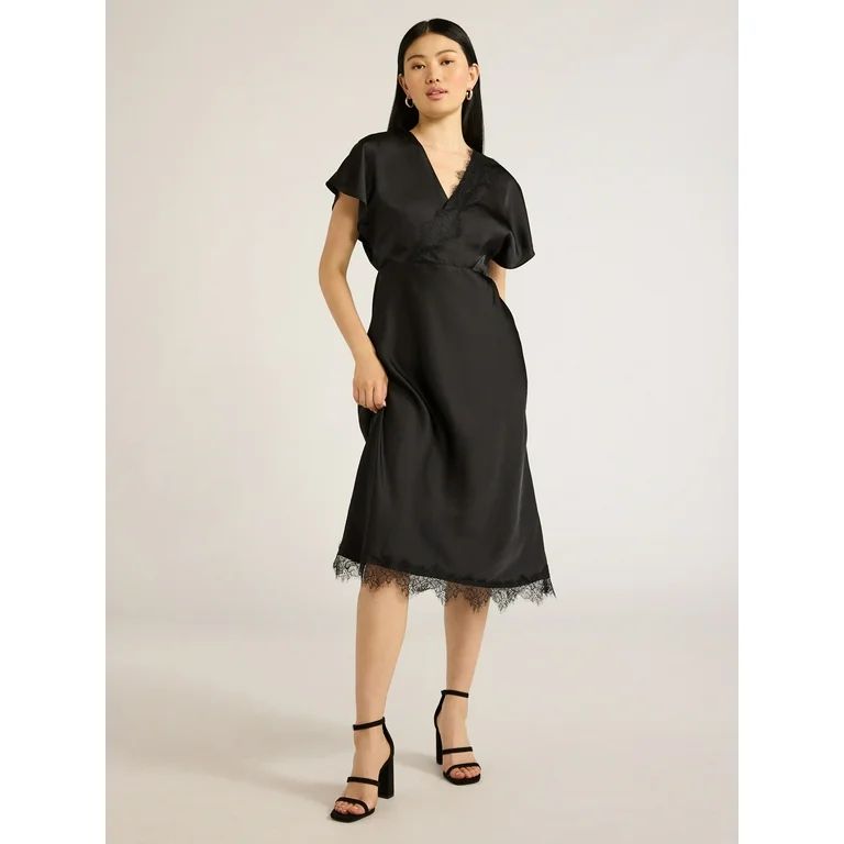 Scoop Women’s Lace Trimmed Bias Cut Midi Dress with Flutter Sleeves, Sizes XS-XXL | Walmart (US)