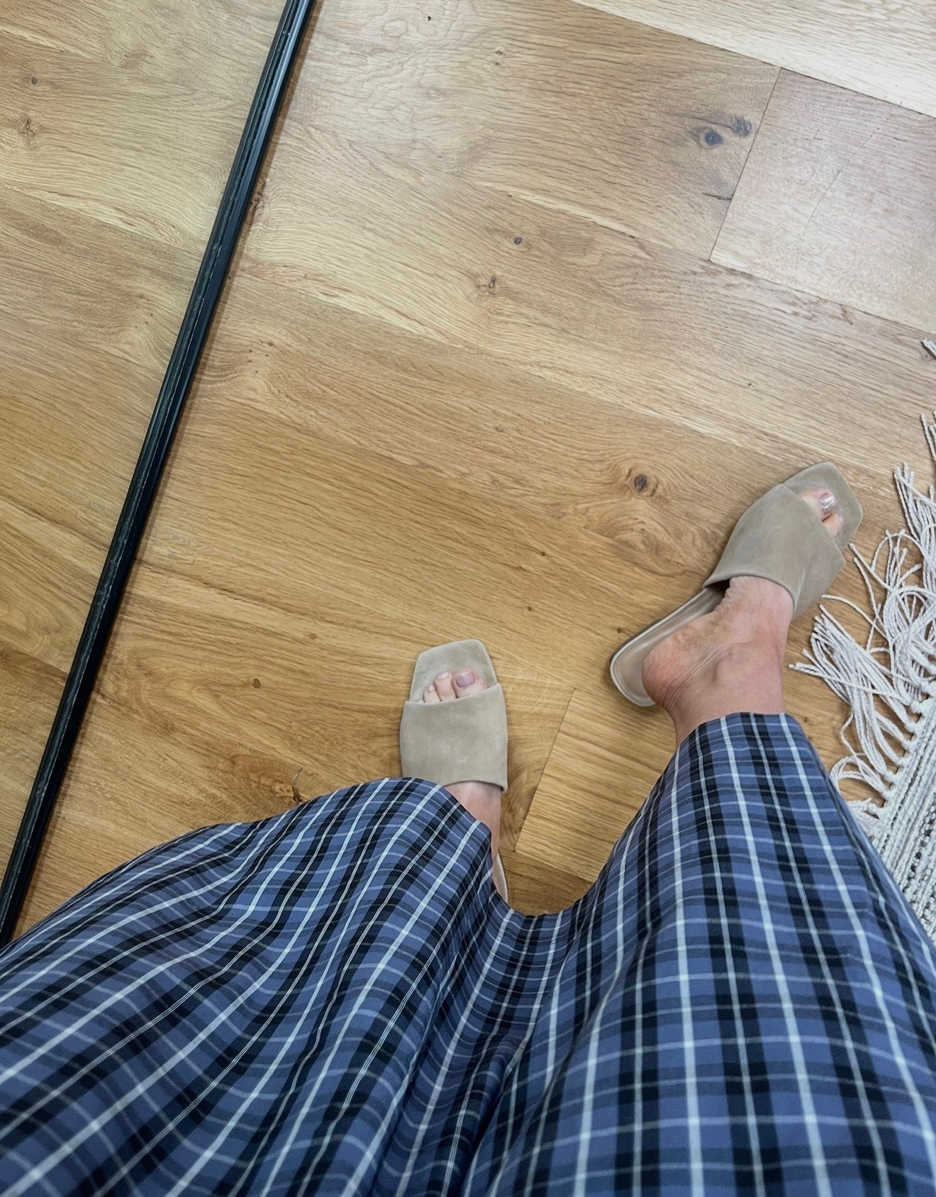 Such cute little suede slides! Also this dress is SO cute