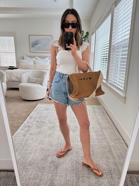 Gap spring/summer try-on. Cute tank tops for summer. Ribbed with cute details on the strap. Tucks into bottoms well. 

Gap flutter tank xs
AGOLDE DEE shorts 26. Sizes up 2 sizes. 
Tkees sandals 5
Marni tote small
Celine sunglasses. 



#LTKshoecrush #LTKSeasonal #LTKitbag