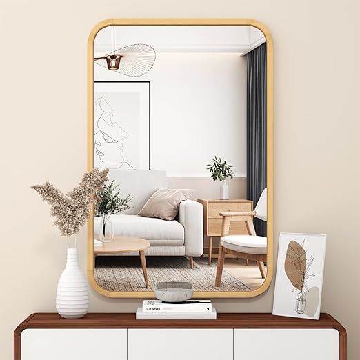 FUWU HOME Wood Bathroom Mirror for Wall 20" x 30" Farmhouse Rounded Corner Rectangle Mirror with ... | Amazon (US)