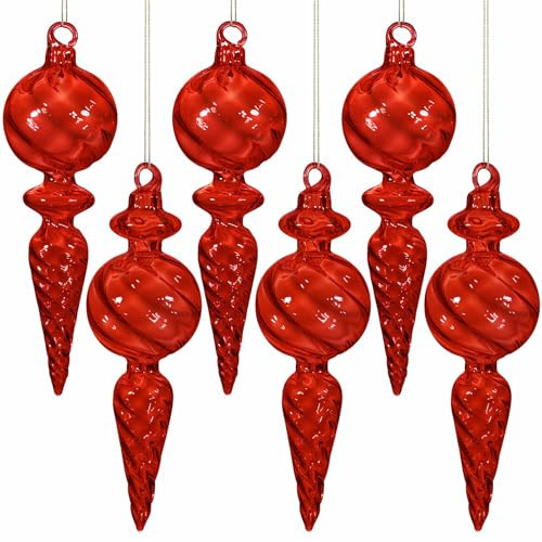 6PCS 6-Inch Hand-Blown Glass Finial Christmas Tree Hanging Ornaments -Large Elegant Clear Glass Vintage Holiday Decorations for Tree, Mantel, Party - Luxury Handmade Seasonal Décor（Red） | Amazon (US)