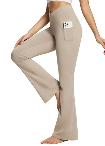 baleaf Women's Khaki Yoga Pants V Crossover Flare Leggings with Pockets Casual Workout Gym Leggings Khaki 29" XL | Amazon (US)