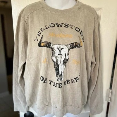 Yellowstone Brand Dutton Ranch Skull Western Sweatshirt Distressed Beige Size XL | eBay US