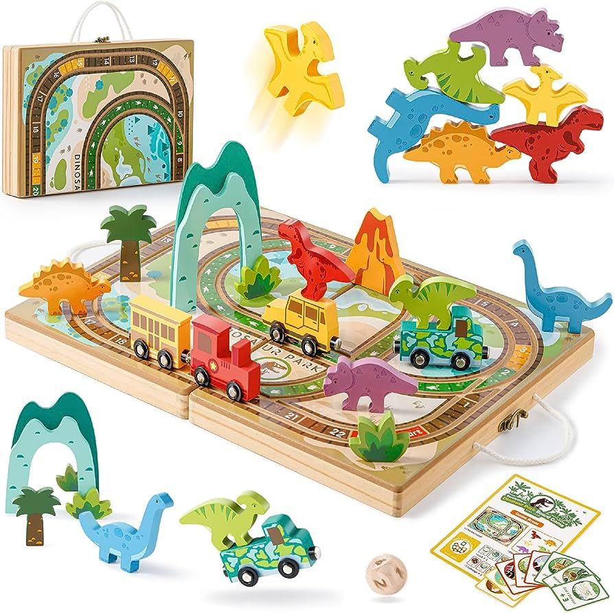 Tiny Land Train Set Toys for Toddlers, Wooden Dinosaur Train Set for Kids Age 3+, Portable Durabl... | Amazon (US)