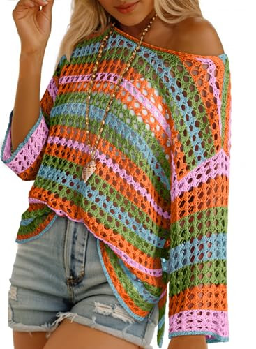 Dokotoo Womens Spring Summer 3/4 Sleeve Crochet Sweater Hollow Out Color Block Striped Tops Casua... | Amazon (US)