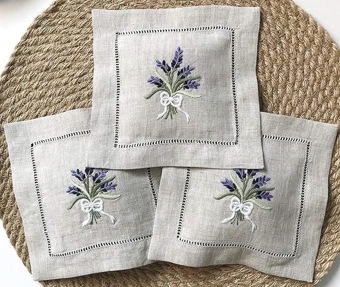 Hand Embroidered Lavender Pillow Sachet Bag Wheat Embroidery naturl Linen Cushion 6"x6", Set of 3 | Amazon (US)