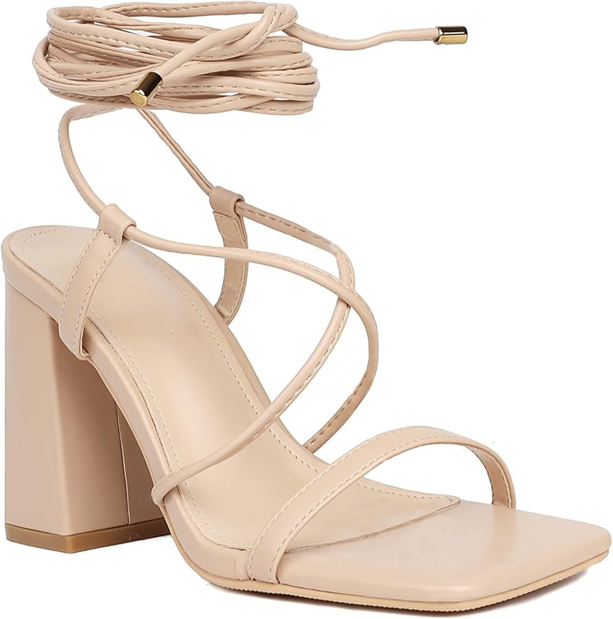 Womens Strappy Heels Lace Up Chunky Heel Sandals, Block Heel Wrap Sandals for Women Cute Sexy Dre... | Amazon (US)