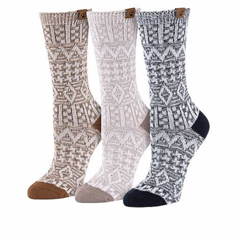 Bearpaw Womens Crew Socks Aztec Jacquard Black Taupe Hickory Brown (3 Pair) | Walmart (US)