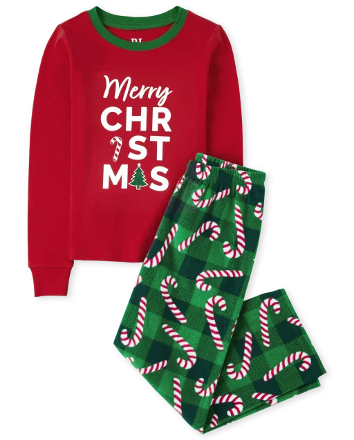 Unisex Kids Matching Family Christmas Long Sleeve 'Merry Christmas' Candy Cotton Top And Fleece P... | The Children's Place
