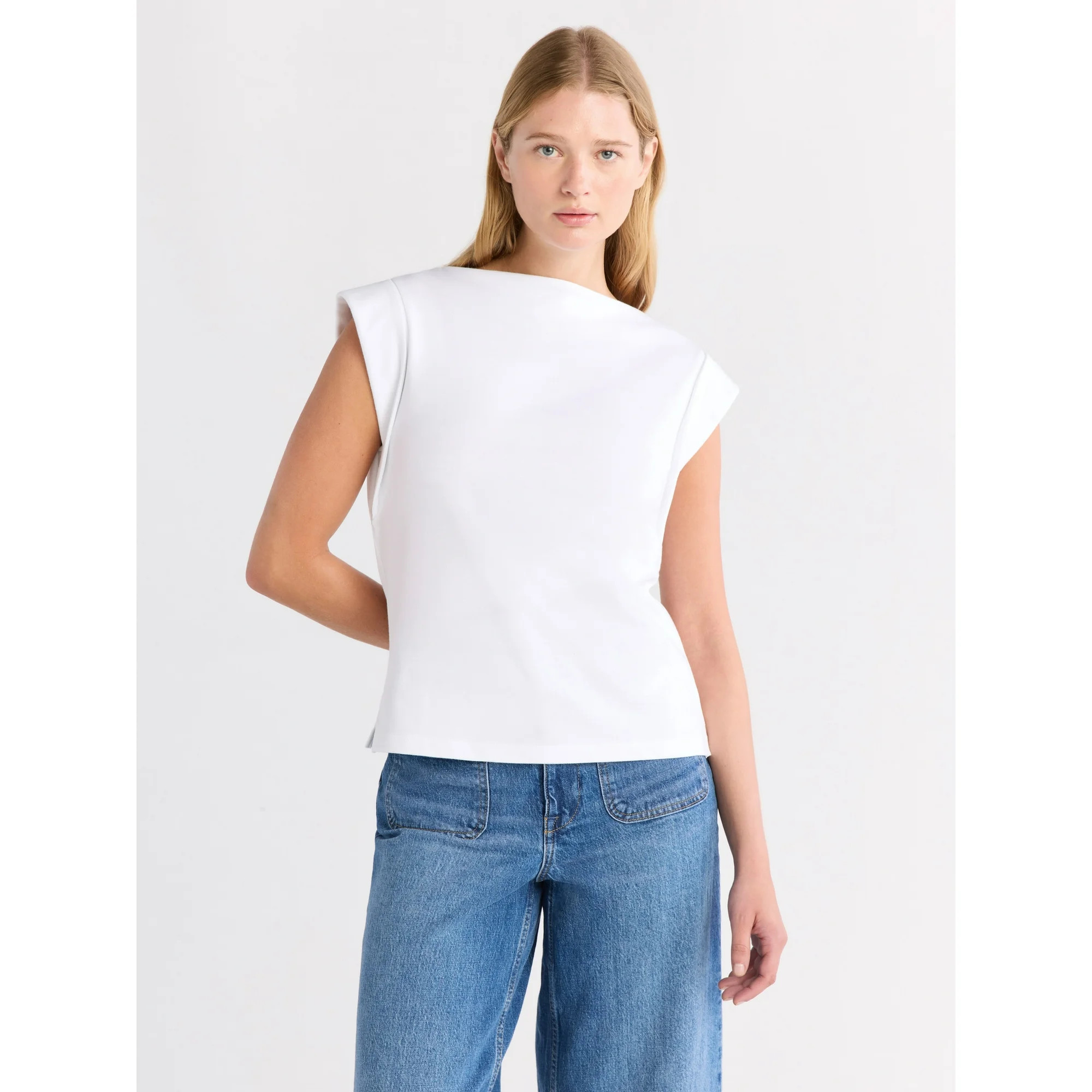 Free Assembly Women's Cotton Boatneck Tee with Wide Cap Sleeves, Sizes XS-XXL | Walmart (US)