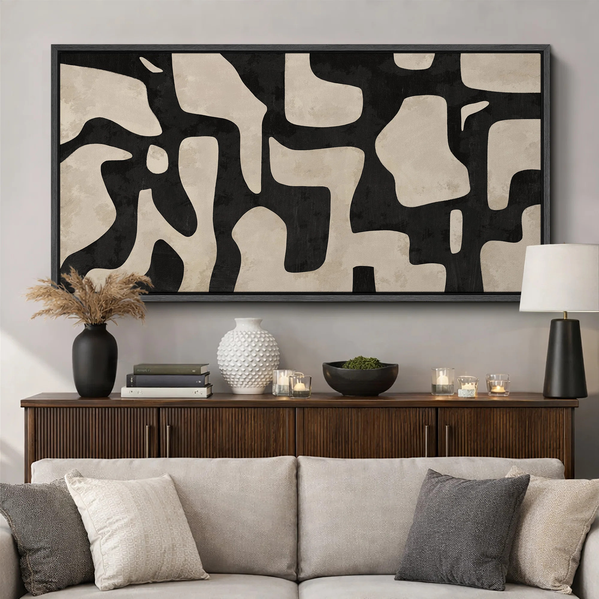 Mid Century Shape Abstract Contours, Black And White Beige Artwork, Retro Bedroom Home Decor, Extra Large Framed Canvas Print Wall Art | Wayfair North America