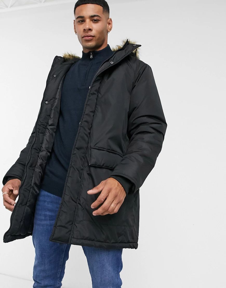 French Connection faux fur hood parka jacket in black | ASOS (Global)