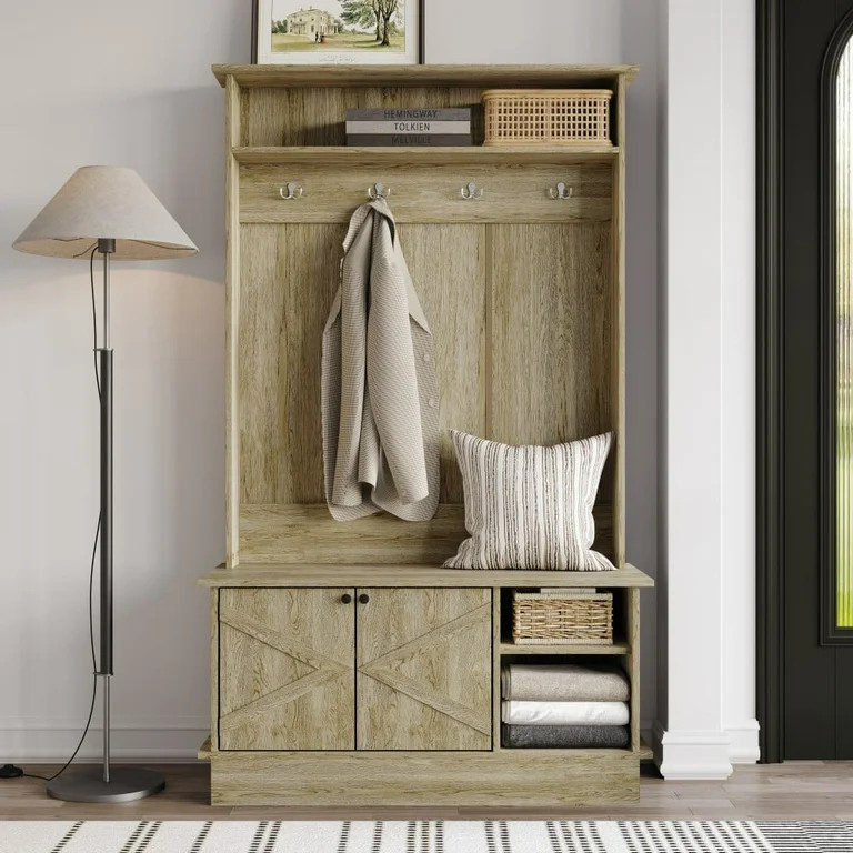 Castle Place Modern Hall Tree with Storage Cabinet, Light Oak - Walmart.com | Walmart (US)