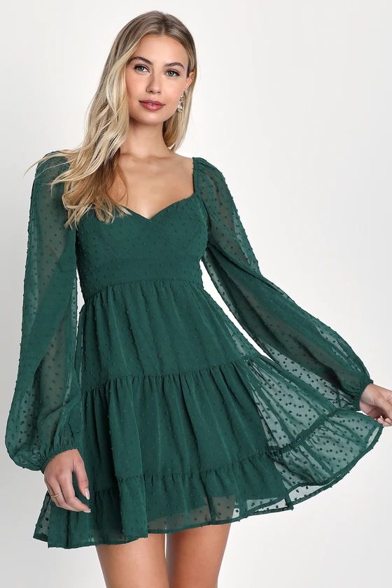 Longing And Love Emerald Swiss Dot Puff Long Sleeve Mini Dress | Lulus (US)