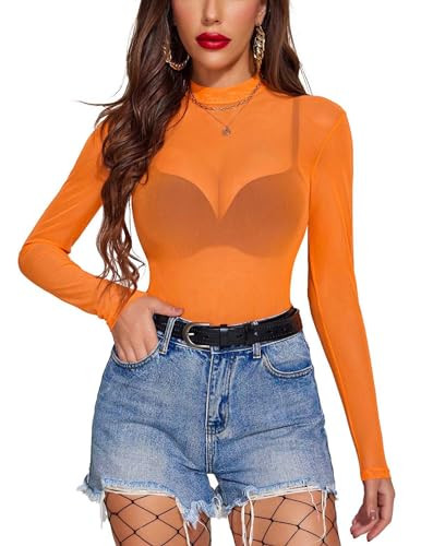 Avidlove Mesh Top Mock Neck See Though Sheer Mesh Top Long Sleeve Orange M | Amazon (US)