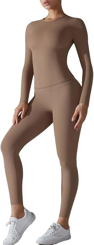 Workout Sets for Women 2 Piece Slim Fit Long Sleeve Top High Waist Butt Lift Leggings Exercise Gy... | Amazon (US)