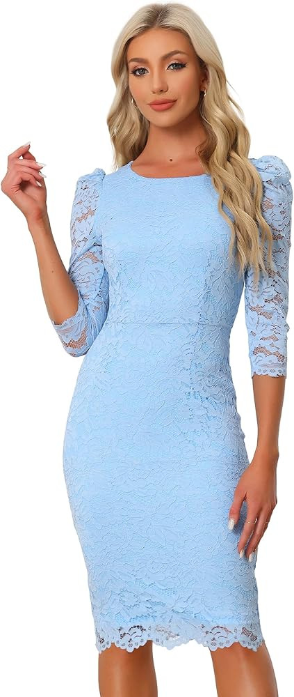 Allegra K Women's Elegant Lace Dress 3/4 Sleeve Business Wedding Guest Cocktail Bodycon Dress | Amazon (US)