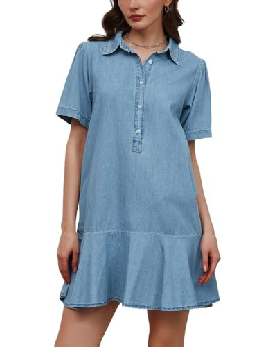 YEXPINE Women's Button Down Denim Dresses Short Sleeve Ruffle Tunic Mini Dress Flowy Tiered Short Jean Dresses with Pockets Blue | Amazon (US)