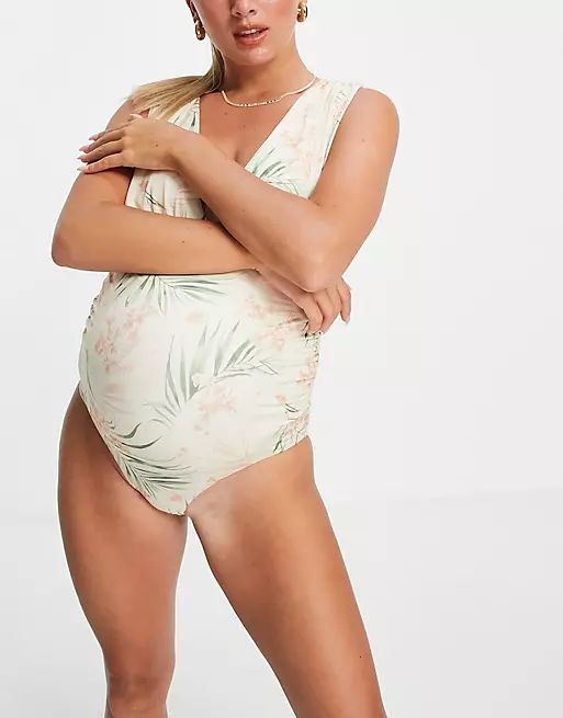 ASOS DESIGN maternity gathered plunge swimsuit in palm print | ASOS (Global)