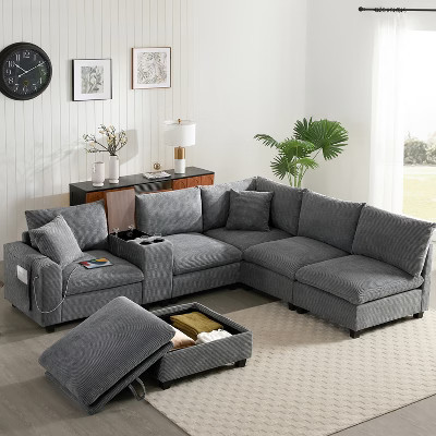 Convertible U-Shaped Sectional Sofa Oversized Modular Sofa Upholstered Corner Sofa Couch with Movable Storage Ottoman, Cup Holder, USB Port-ModernLuxe | Target