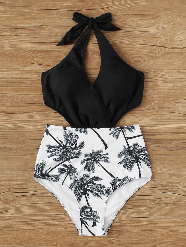 Tropical Print Wrap Halter One Piece Swimsuit | SHEIN