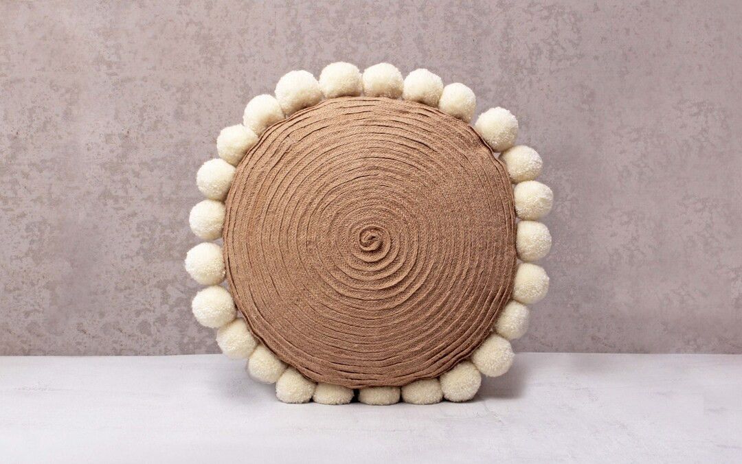 Jute and Wool Pompom Round Bohemian, Bali Style Pillow Cover, Decorative Handmade Throw Pillow Co... | Etsy (US)