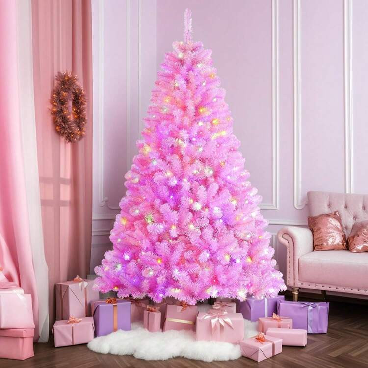 SHARECONN 4/6ft Prelit Premium Artificial Hinged Christmas Tree With 170/330 Warm White & Multi-Color Lights, 414/952 Branch Tips And Foldable Metal Stand, Perfect Choice For Xmas Decoration, 4/6 FT,Pink | SHEIN