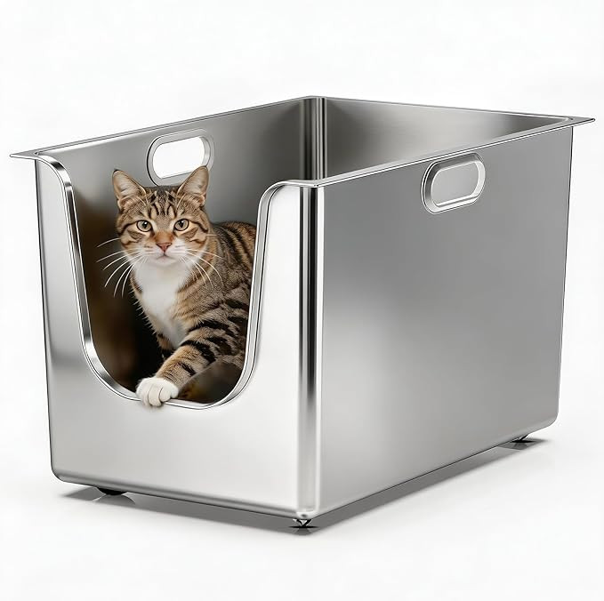 Stainless Steel Litter Box 13.7'' High Sides, XL Metal Cat Litter Box with Curved Low Entry, Cat ... | Amazon (US)