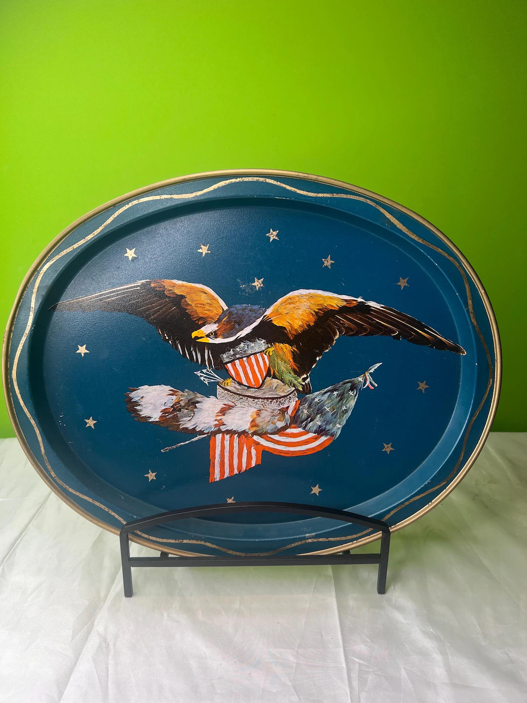 Vintage Eagle Flag Metal Serving Tray Coonskin Cap Tole Painted Teal Gold Stars | Etsy (Global)