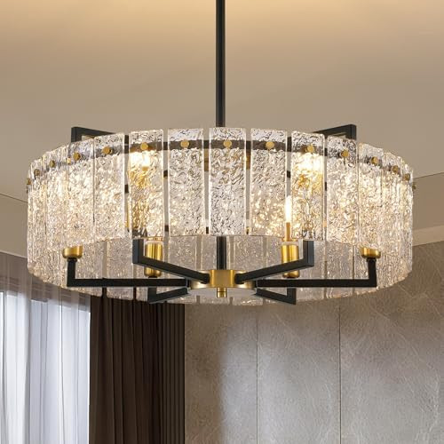 23.62" Gold Water Ripple Glass Chandeliers, 6-Light Modern Round Chandelier, Luxury Drum Chandeli... | Amazon (US)