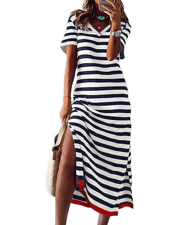 Dokotoo Summer Dress Casual Womens Fashion Short Sleeve Maxi Dress T Shirt Dress Striped Long Col... | Amazon (US)