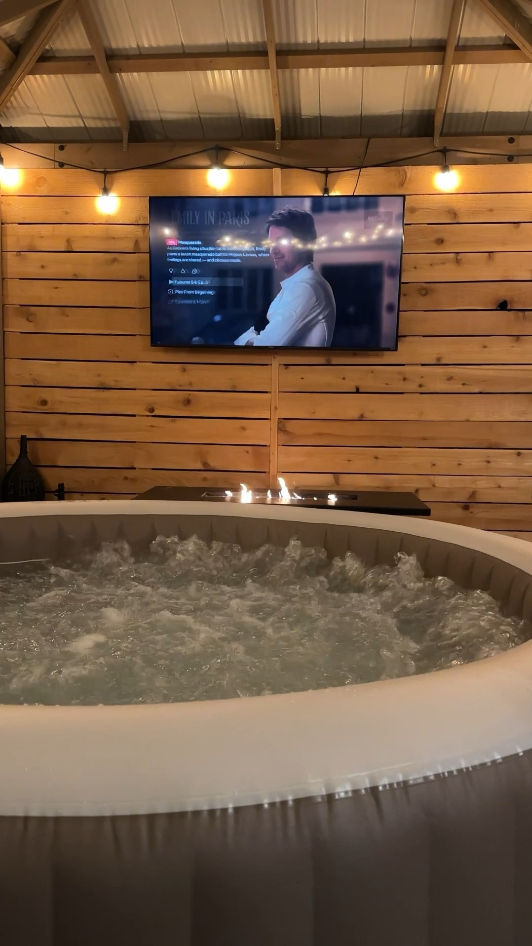 Ready for the BER months with this inflatable hot tub! Fits 6, has jets, can heat up to 104 degrees! It’s so comfortable too! #inflatablehottub #hottubpatio #patio #outdoortv #gazebo #hottubsetup #hottub #intex#firepit