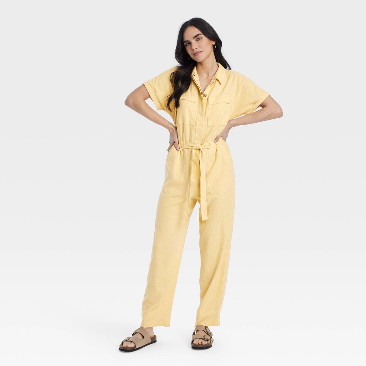 Women's Short Sleeve Linen Boilersuit - Universal Thread™ Yellow 8 | Target