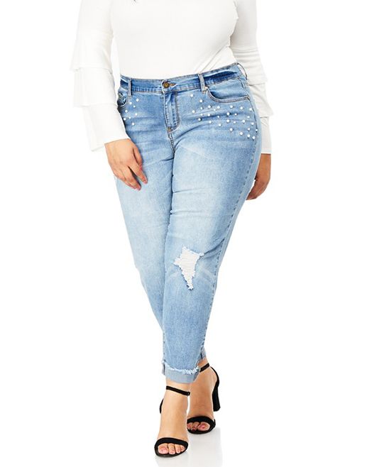 Bloomrocks Women's Denim Pants and Jeans Beverly - Light Blue Beverly Faux Pearl Cuff-Ankle Skinny J | Zulily