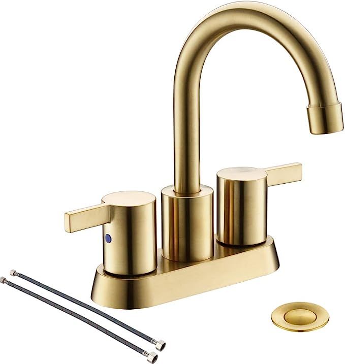 Brushed Gold 4 Inch 2 Handle Centerset Lead-Free Bathroom Faucet, Swivel Spout with Copper Pop Up... | Amazon (US)