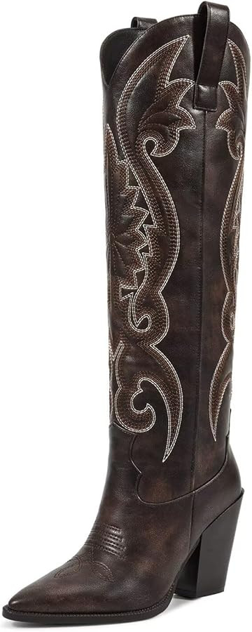 ISNOM Womens Cowboy Knee High Boots Cowgirl Boots Western Boots with Embroidered Pointed Toe Chun... | Amazon (US)