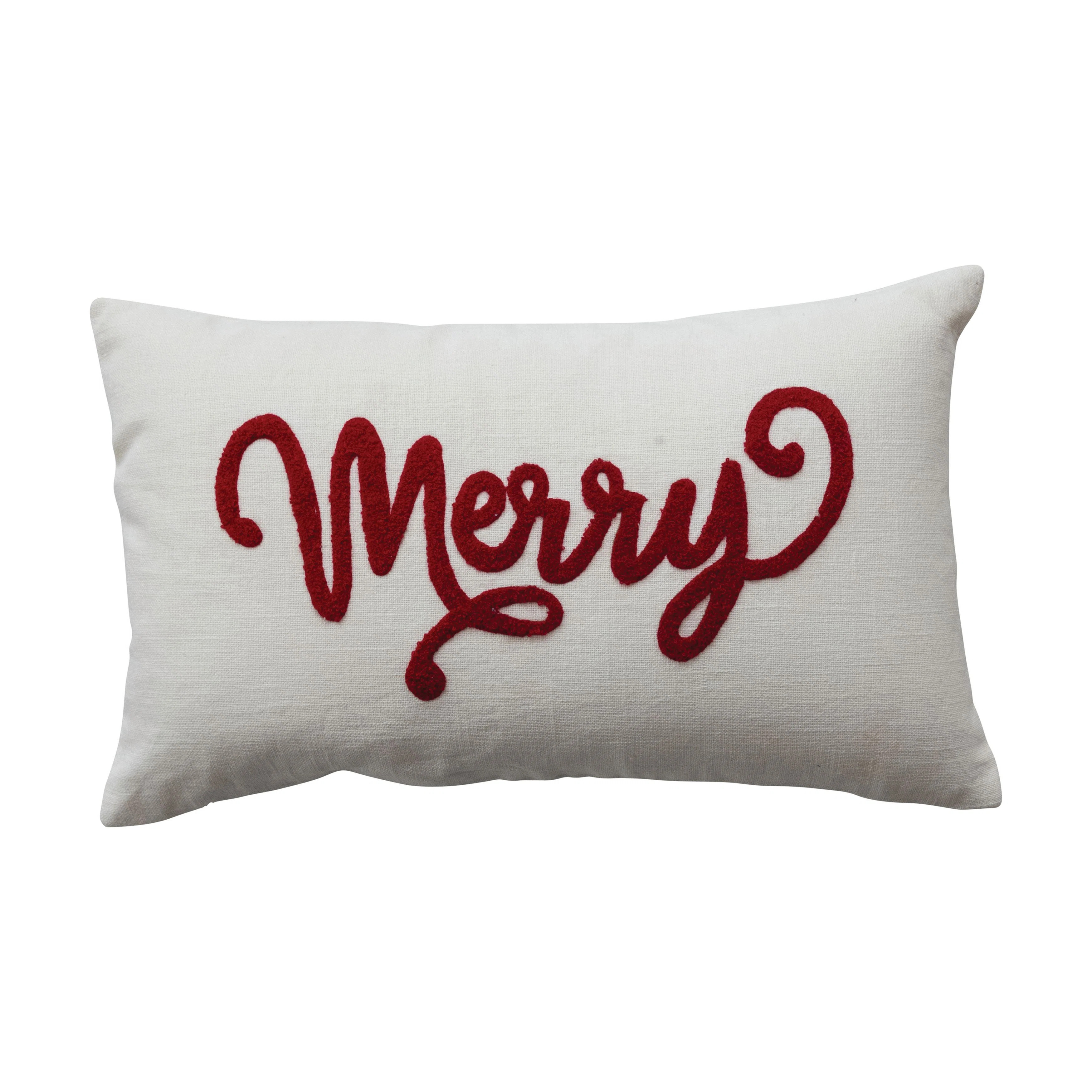 Cotton Slub Lumbar Pillow With Embroidered "Merry" | Wayfair North America