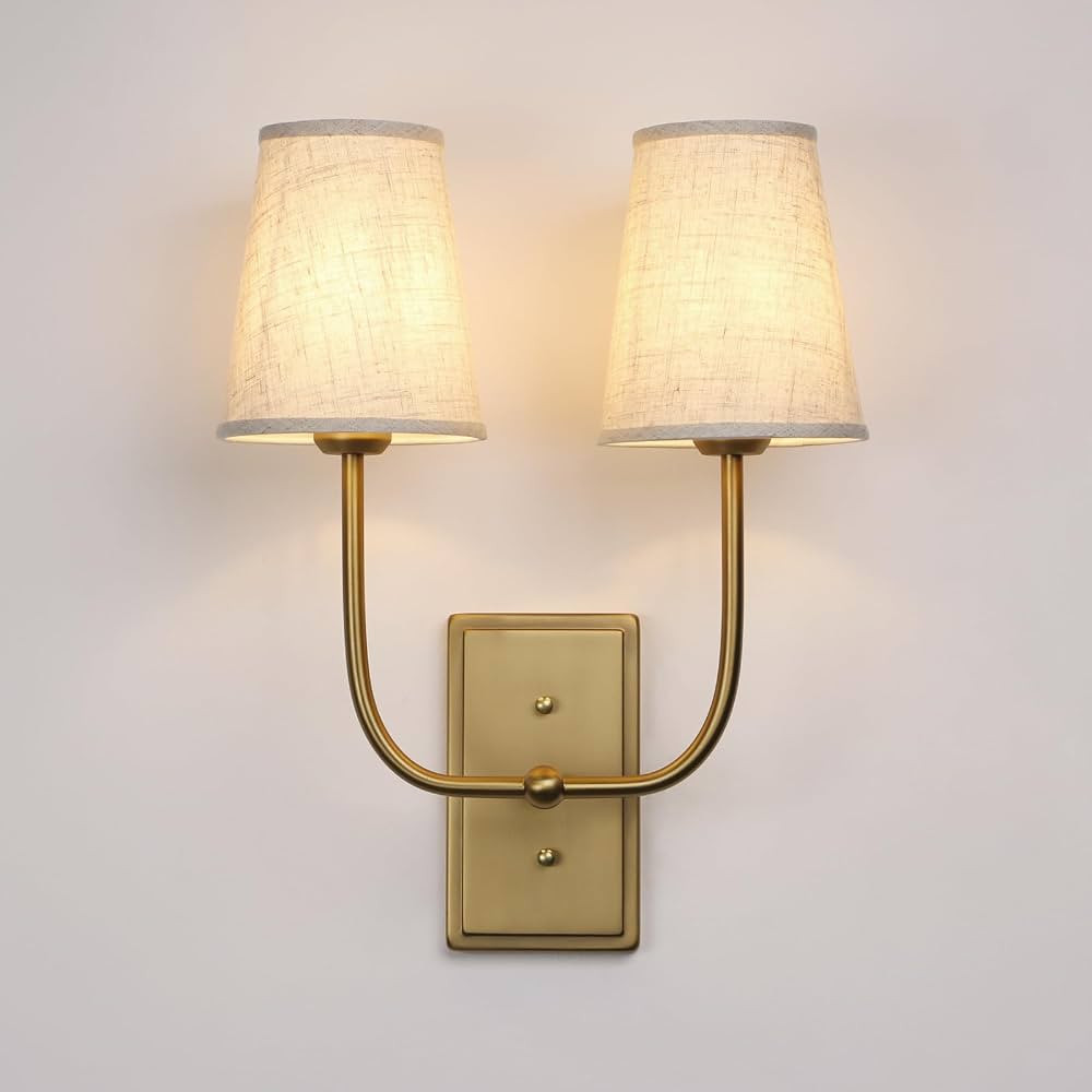 Vintage 2-Lights Wall Sconces with Funnel Linen Fabric Shades, Double Head Bathroom Vanity Lights... | Amazon (US)