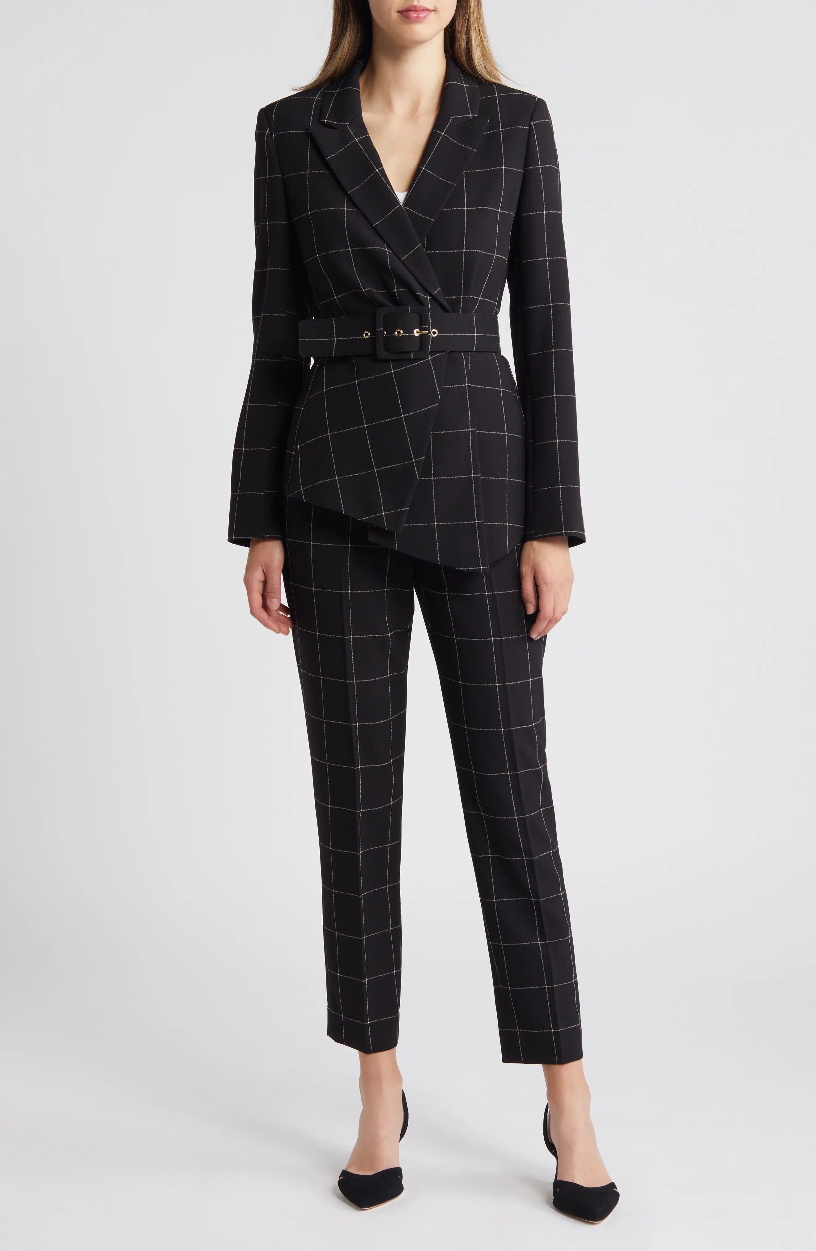 Windowpane Check Belted Blazer & Pants Set (Women) | Nordstrom | Nordstrom
