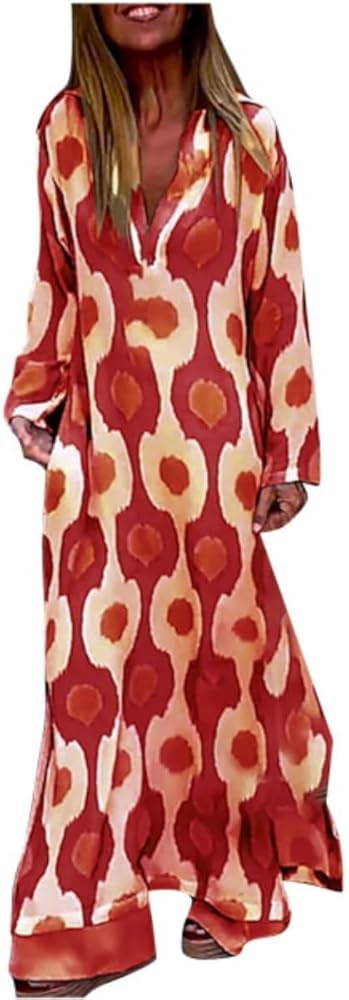 LOAIHA Boho Floral Dresses for Women 2024 Casual V Neck Long Sleeve Plus Size Flowy Ruffle Fall M... | Amazon (US)